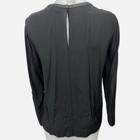 Club Monaco Silk Pleated Keyhole Neck Black Blouse With Lamb Leather Trim XS - Picture 7 of 16